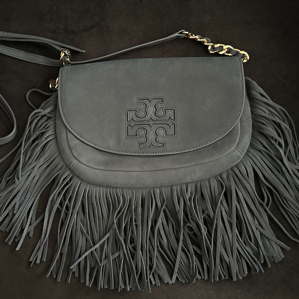 Navy Blue Suede Tory Burch Fringe Handbag